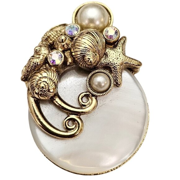 1928 Brand MOP Starfish Shell Faux Pearl AB Rhinestone Beach Theme Brooch C896